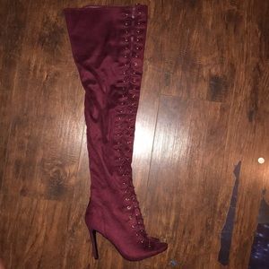 Burgundy knee high zip heel boots